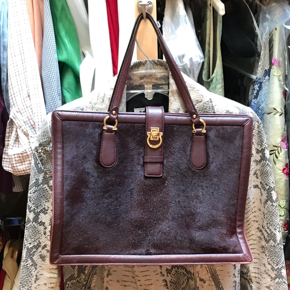 Ferragamo burgundy pony hair shoulder bag EUC